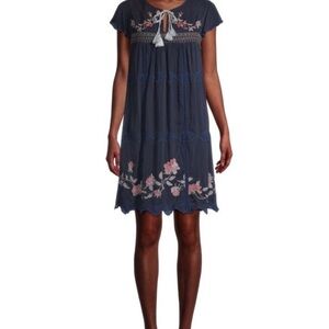 Johnny Was Blue Edda Dress with Colorful Embroidery